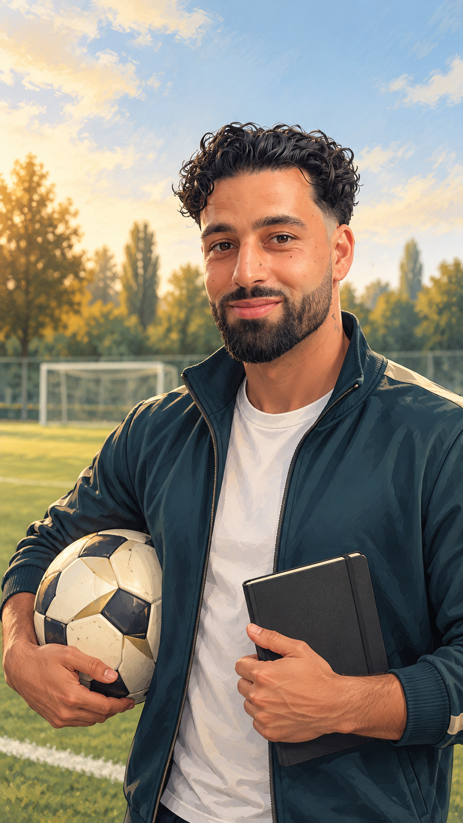 Illustration von Savian mit Fußball und Coaching-Notizbuch